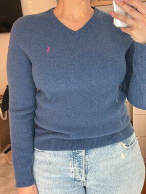 Polo Ralph Lauren Wool V-Neck Sweater Blue XL Pink Pony Logo